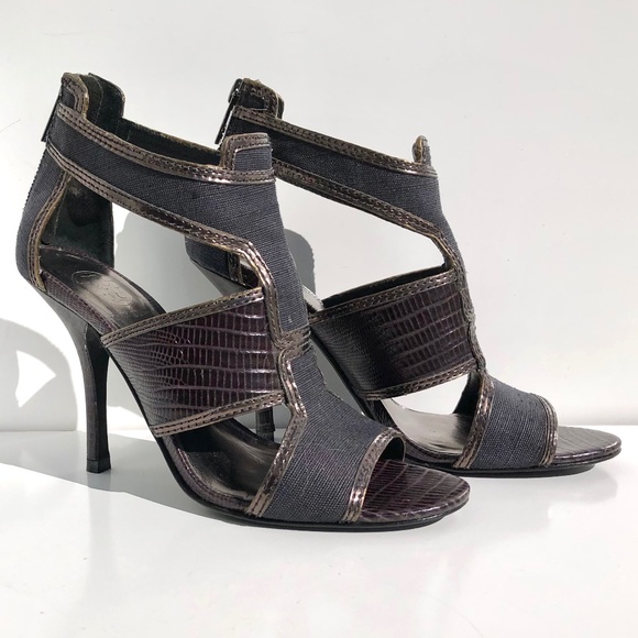 Tory Burch Geoff heel size 6M cage sandal zip linen & snakeskin embossed leather - Picture 2 of 14